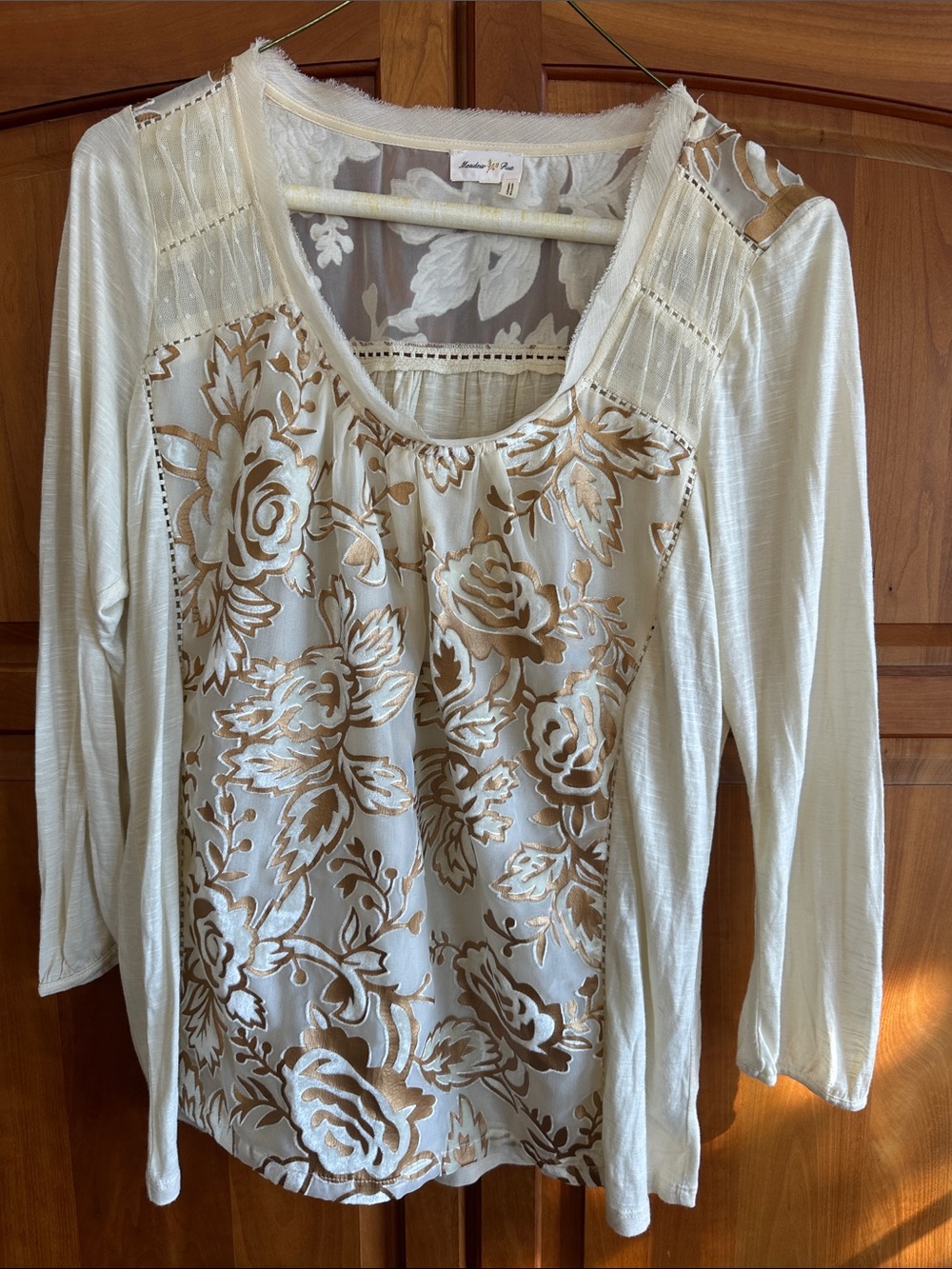 Meadow Rue Ivory w/ Copper & Cream Sculpted Floral Burnout Long Sleeve Top, Sz L